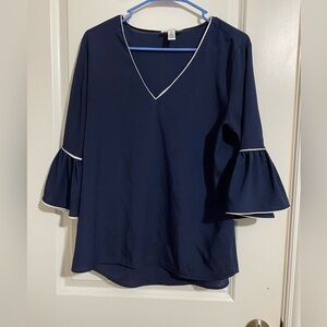 Calvin Klein Dark Blue V-Neck Blouse with Bell Sleeves